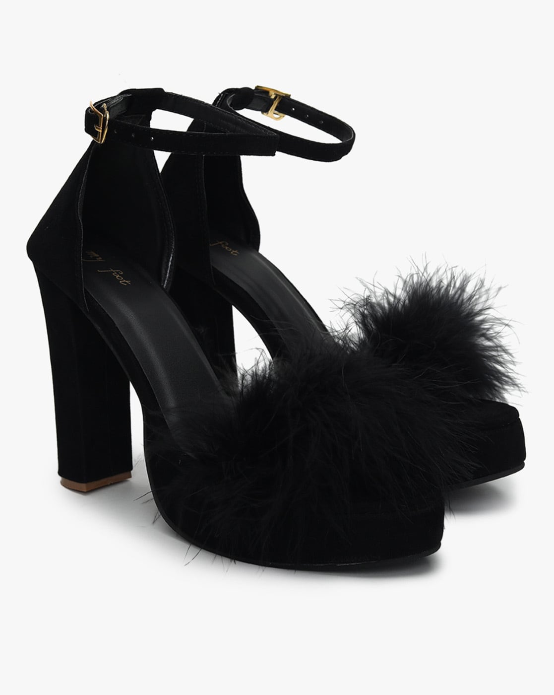 Women Black Fluffy Chunky Heeled Ankle Strap Sandals | SHEIN USA