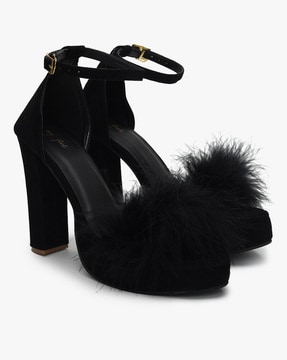 black fluffy heels