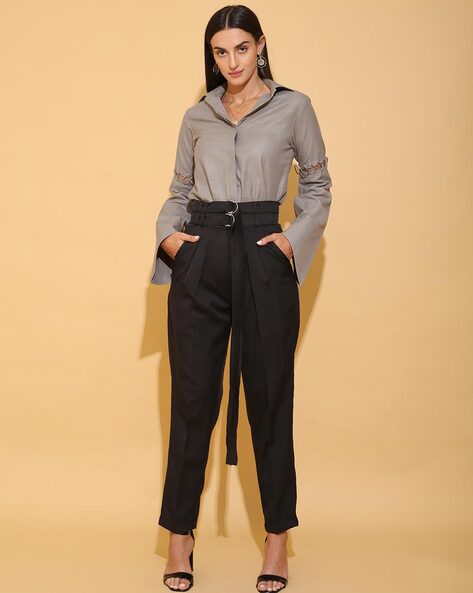 Black Belted High Waist Trousers  New Look