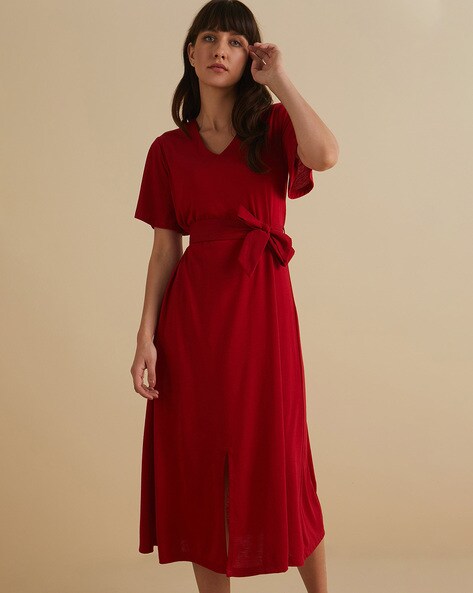 V-neck A-line Dress with Detachable Belt
