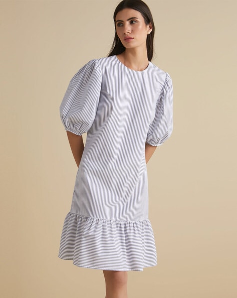 Blue Stripe Puff Sleeve Shift Dress, Dresses