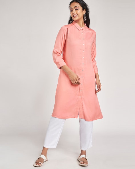 Beautiful cotton stripe kurti with button detailing and stripes placement.  | Cotton kurti designs, Striped kurti design, Dress design patterns