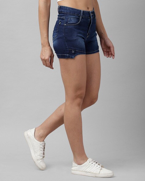 Plt Dark Blue Wash Frayed Hem Denim Shorts