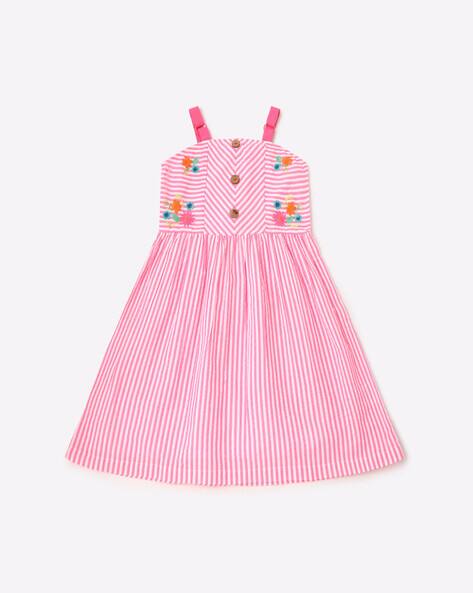 Striped A-line Dress with Floral Embroidery