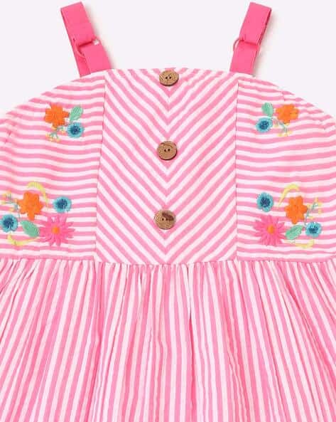 Striped A-line Dress with Floral Embroidery view 3