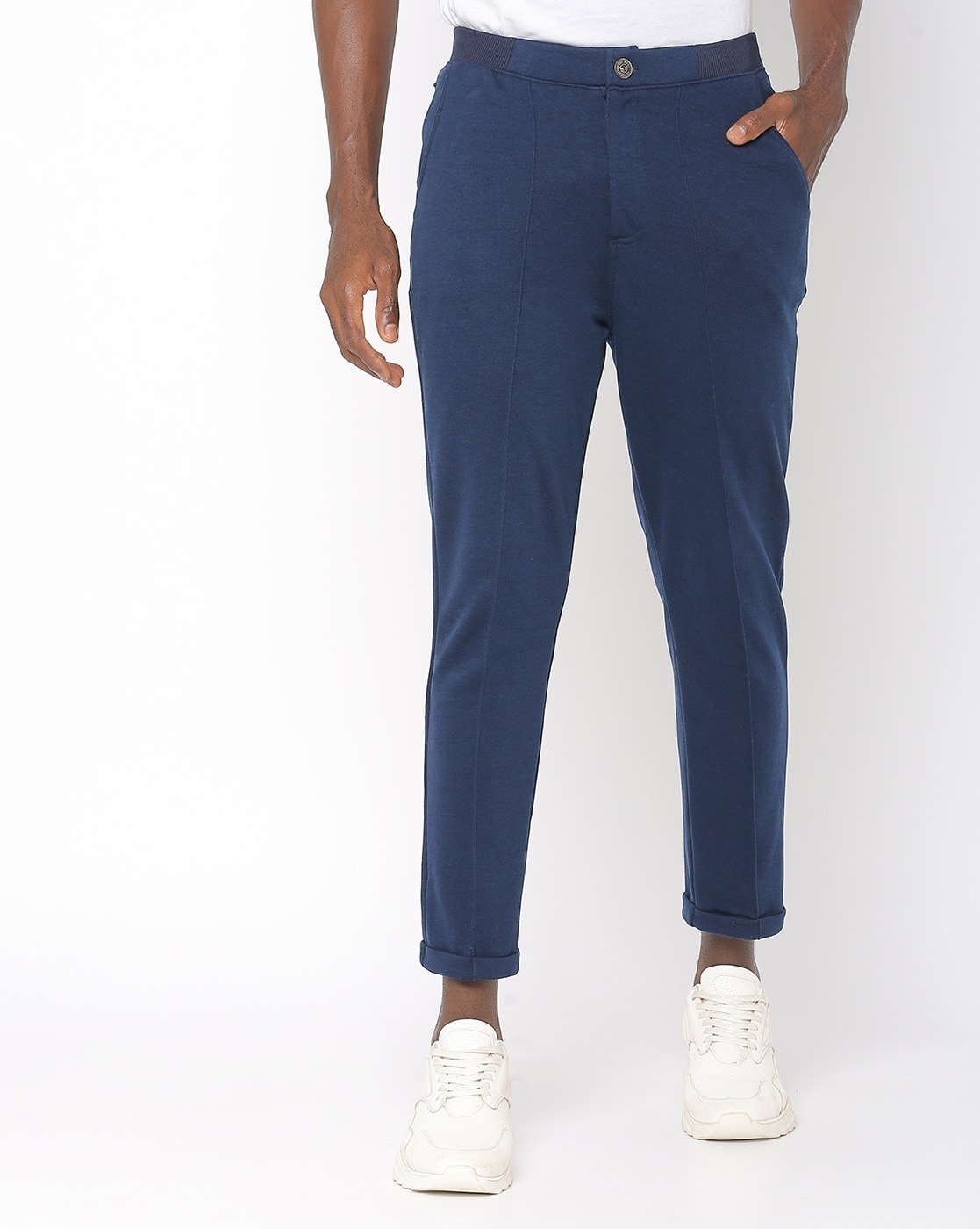 Buy WES Formals Navy Striped Slim Tapered Fit Trousers from Westside