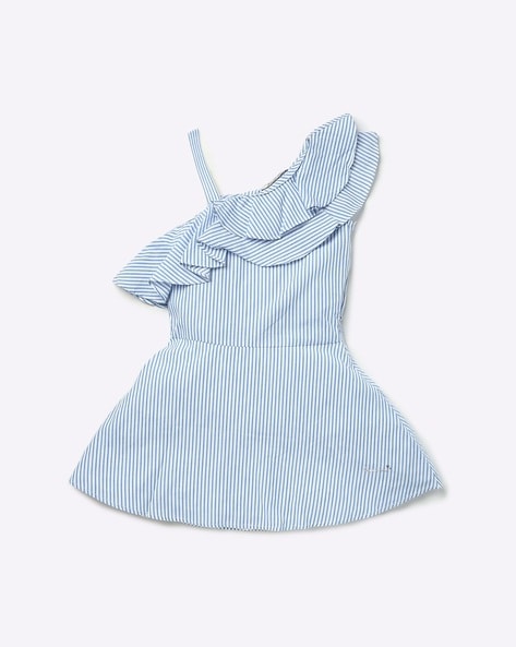 Blue and white fashion striped ruffle dress