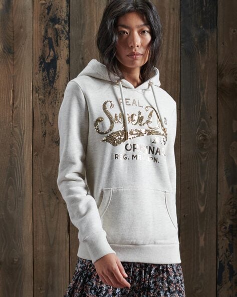 Script Sequin Hoodie with Kangaroo Pocket