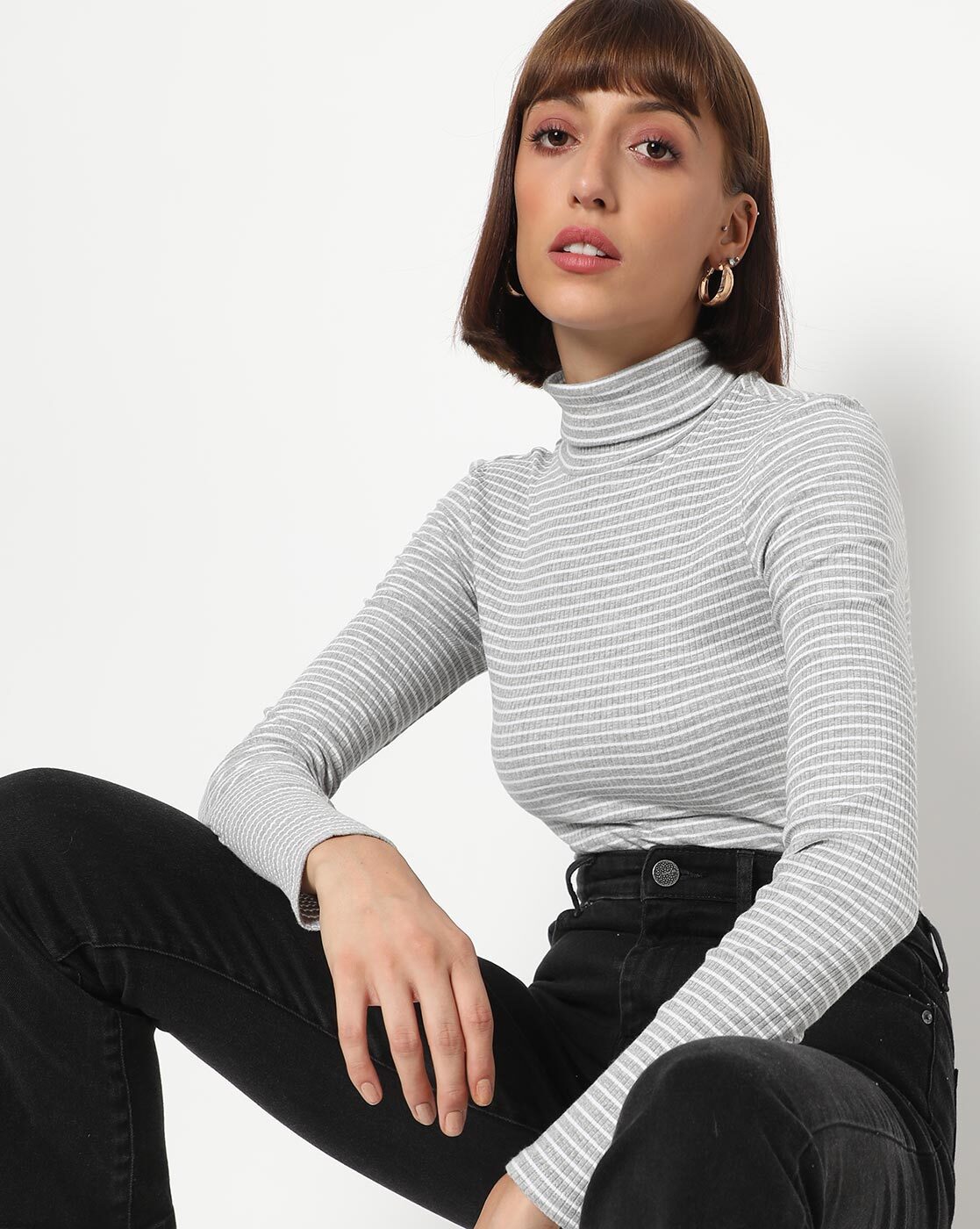 striped polo neck top