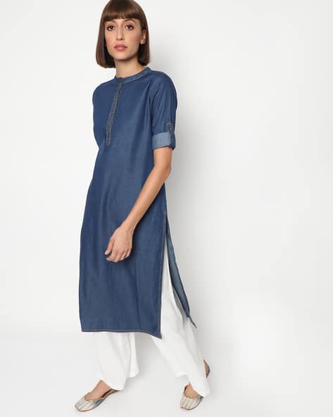 Straight Denim Kurta with Side Pocket