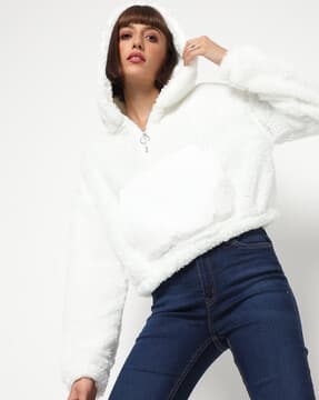 white fur zip up jacket