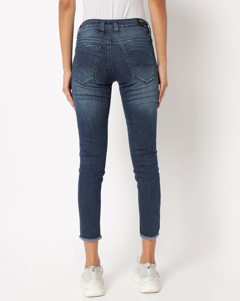 Washed Skinny Fit Jeans with Frayed Hem