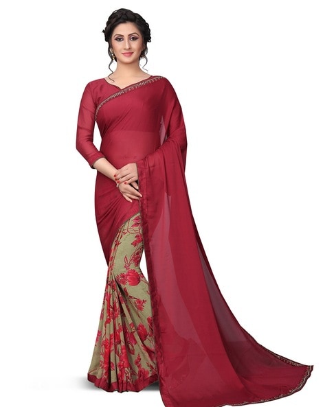 Magenta Chiffon Half And Half Saree -