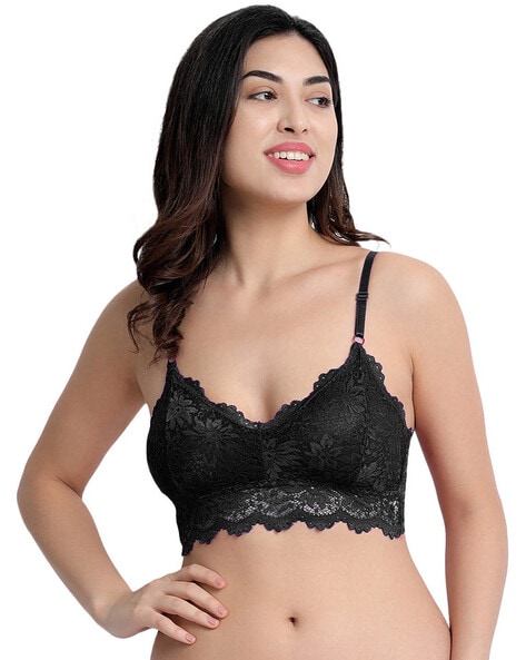 Lace Non-Padded Bra with Floral Applique