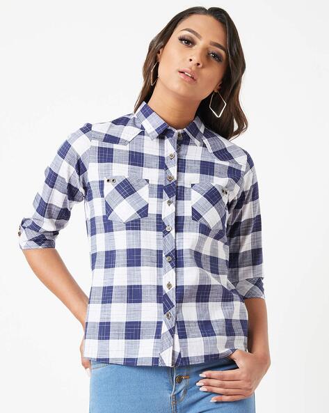 blue and white checkered shirt womens