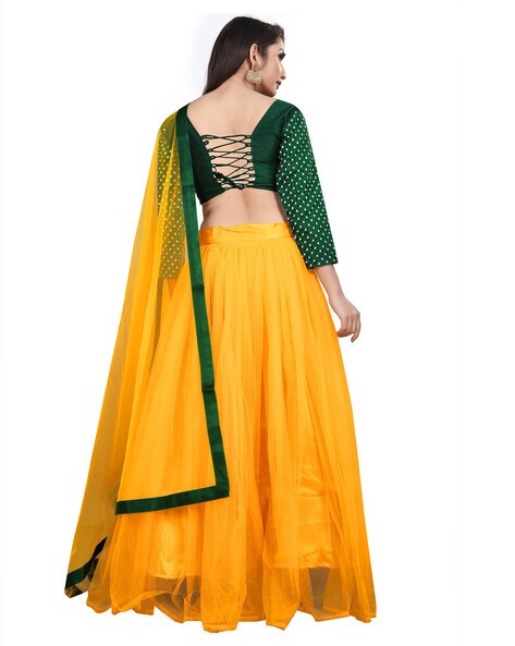 Green Yellow Combination Georgette Real Mirror Embroidered Stitched Top  Lehenga at Rs 2499.00 | Umarwada | Surat| ID: 26138823830