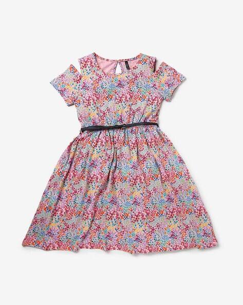 Ditsy Flared Cold-Shoulder Dress with Belt