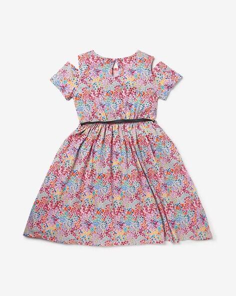 Ditsy Flared Cold-Shoulder Dress with Belt view 2