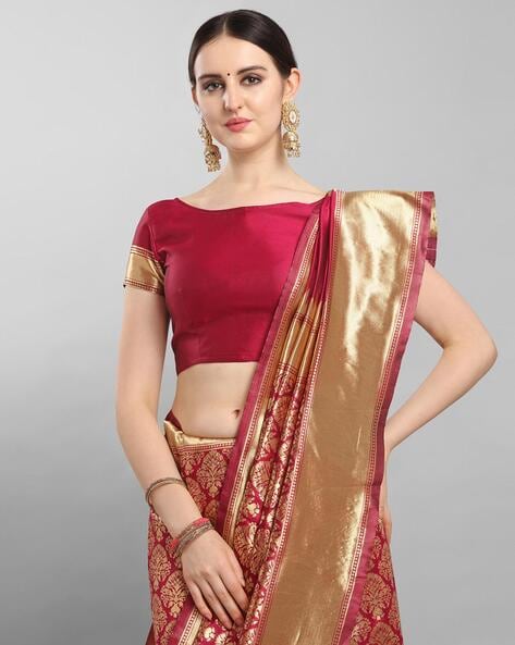 Indian silk saree maroon with gold work. .stitched blouse for slim fit