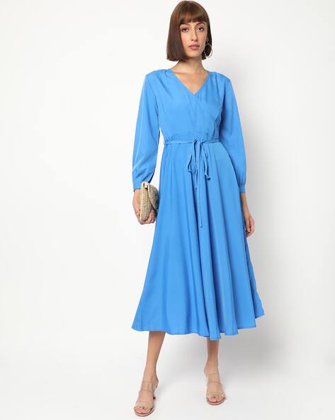 Wrap-Around Style Midi Dress with Waist Tie Up