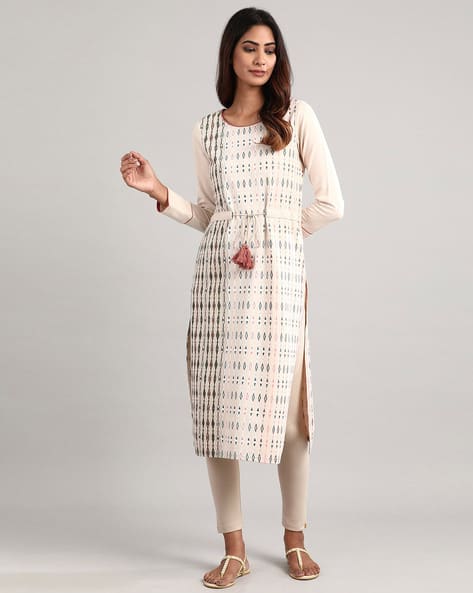 AURELIA Printed Straight Kurta with Tassel Tie-Up
