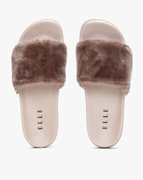 brown faux fur sliders