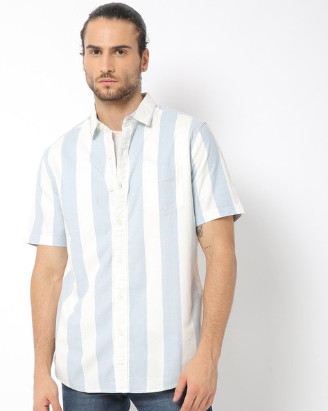 Levis blue and white striped shirt hotsell