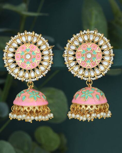 Gold Plated Pink Green Uncut Stone Earrings In Pure Silver - Silver Palace