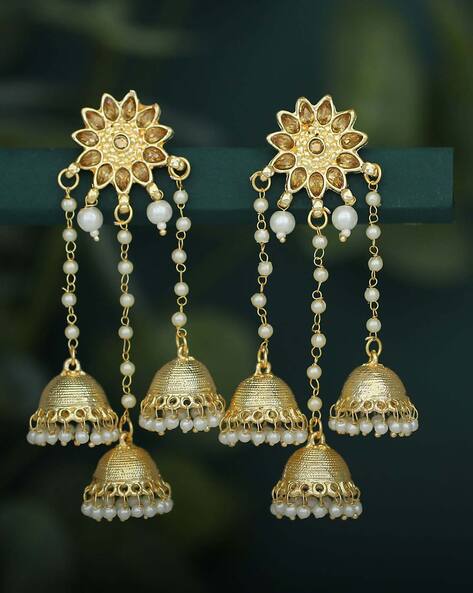 Designer Pearl Stone Gold Plated Bunched Pearl Bali Hoop Gold Plated Jhumka  Earrings  SHREEVARAM  2886502