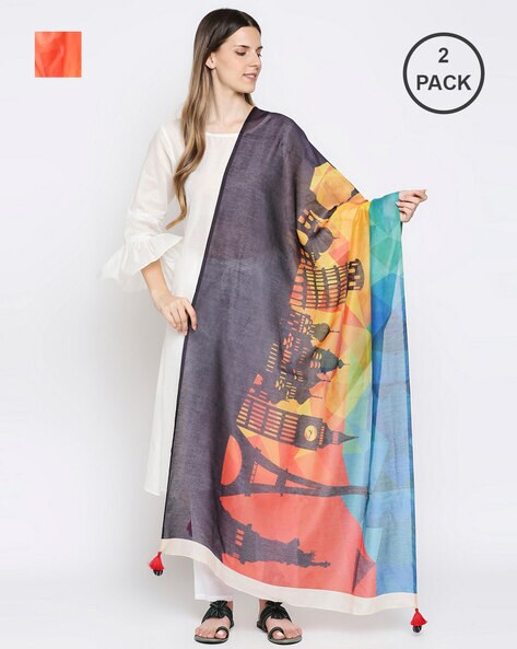 Pack of 2 Graphic Print Dupattas with Tassels Price in India