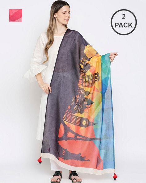 Pack of 2 Graphic Print Dupattas with Tassels Price in India
