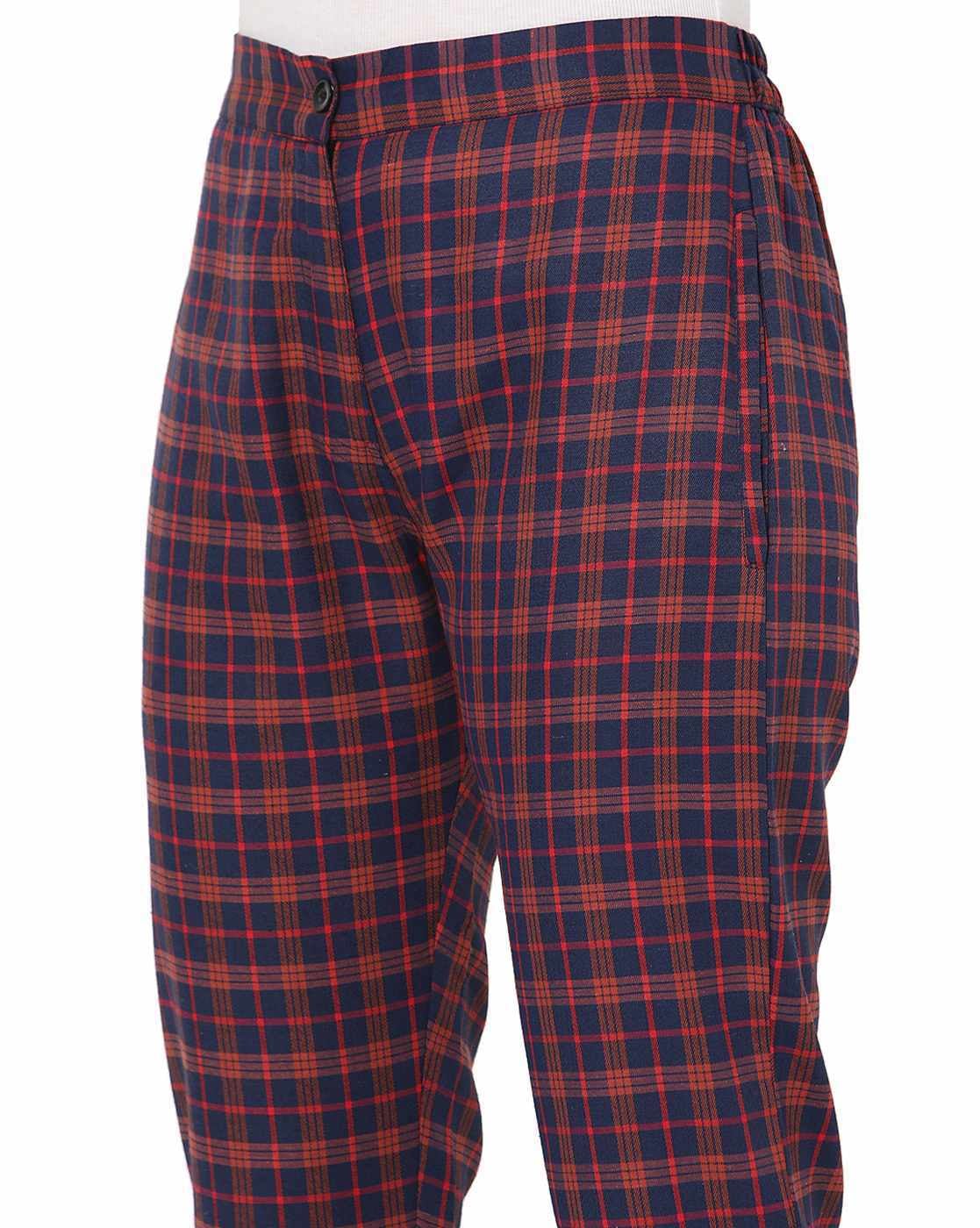 Sojanya Since 1958 Mens Cotton Blend Navy Blue  Red Checked Formal  Trousers