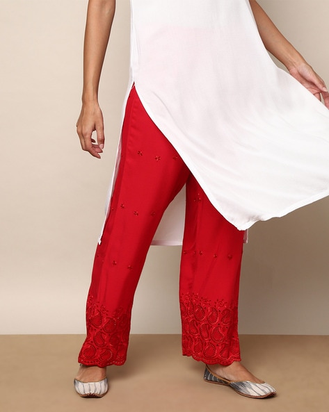 Schiffli Embroidered Mid-Rise Ankle-Length Pants