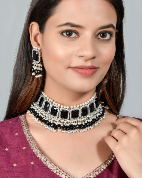 Black choker / necklace set in Kundan with antique polish with Jhumka –  Timeless desires collection