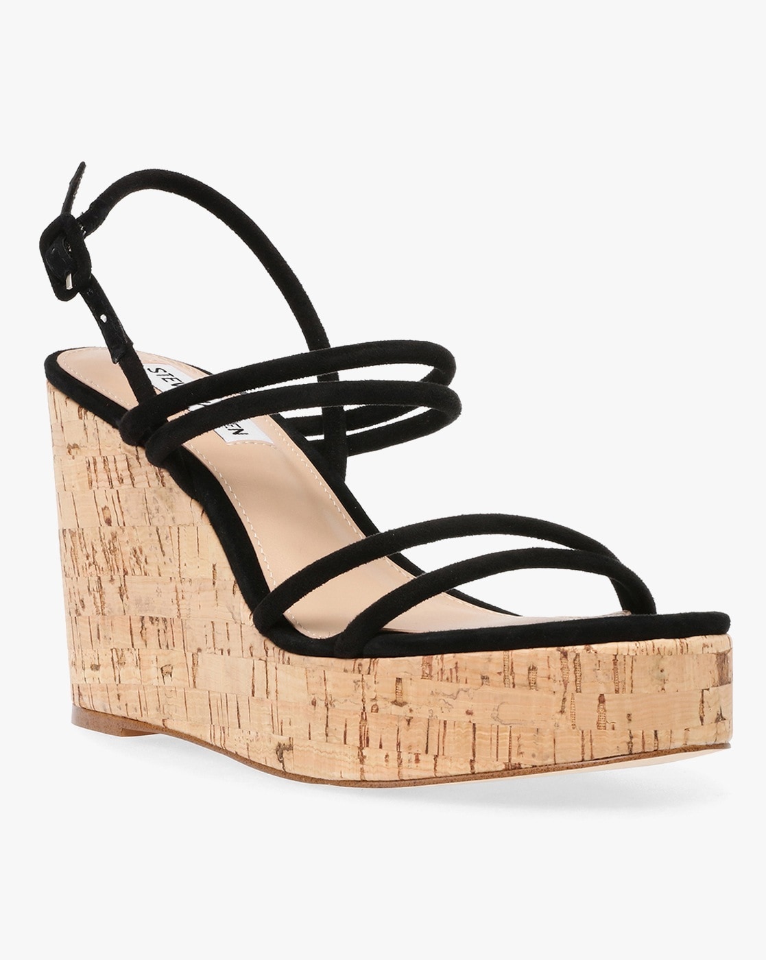 Black Faux Suede Strappy Cork Wedge – Linzi