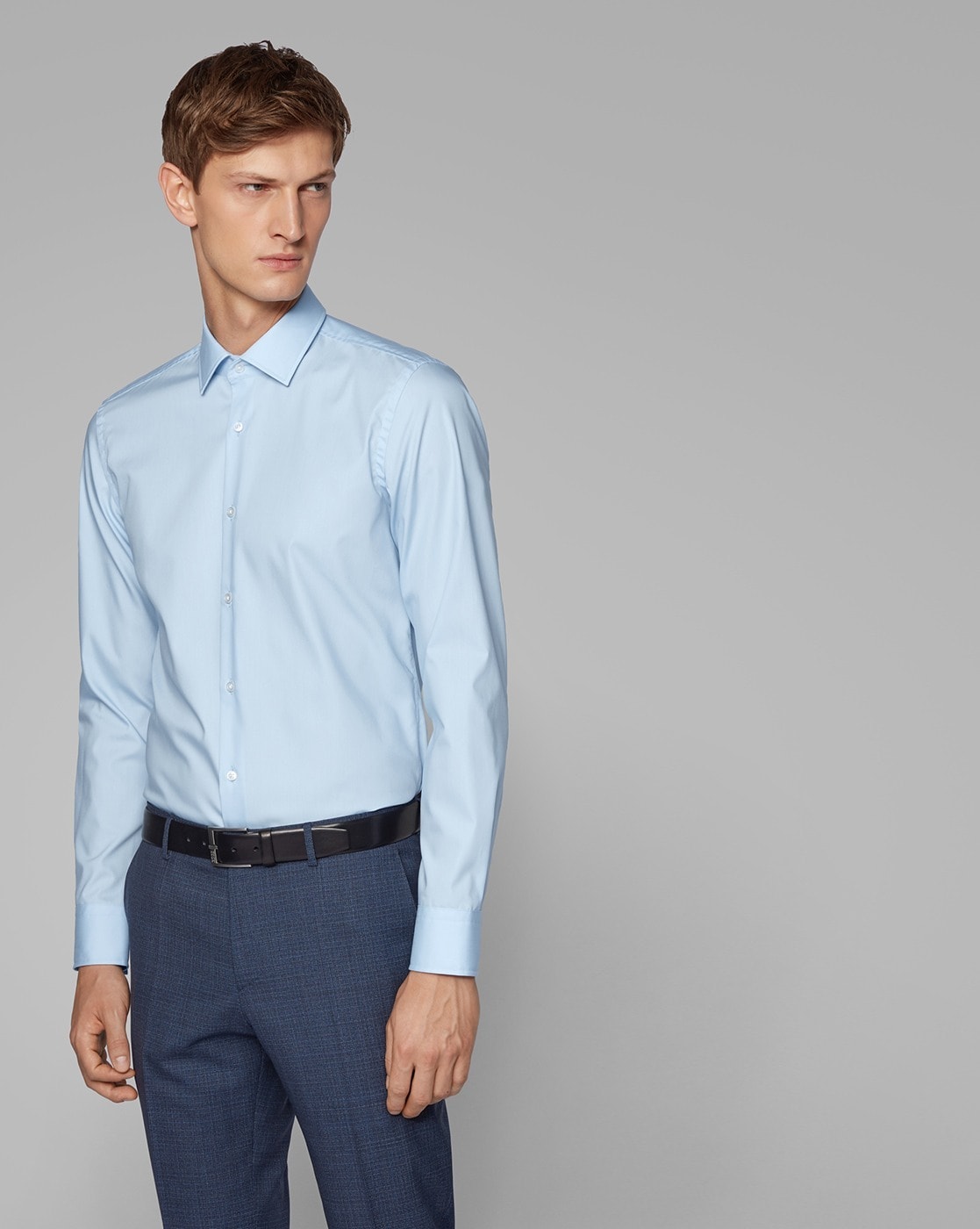 Monogram Motif Cotton Slim Fit Shirt in Pale Blue - Men