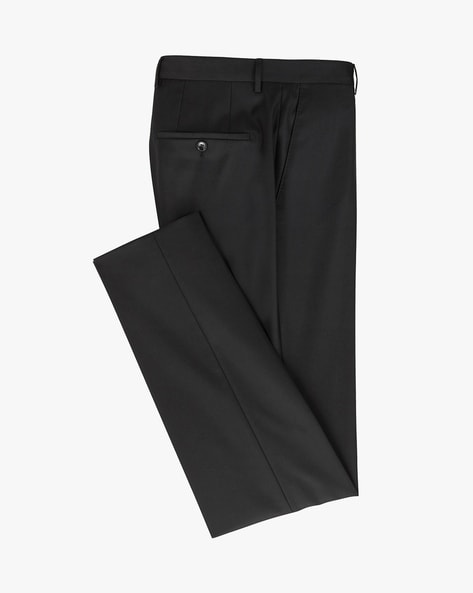 Buy BOSS Virgin Wool Slim Fit Pleated Trousers, Black Color Men