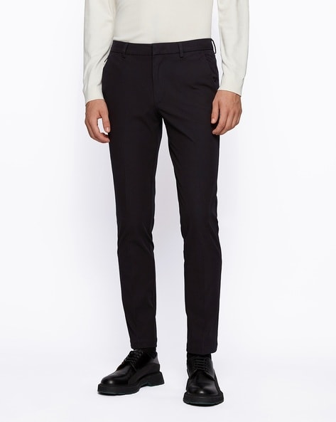 Buy Boss TravelFriendly Stretch Slim Fit FlatFront Trousers  Black Color  Men  AJIO LUXE