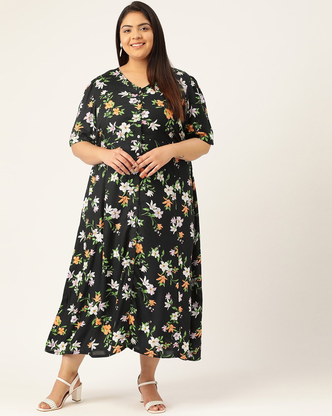 Berrylush Women Plus Size Black Purple Floral Printed, 55% OFF