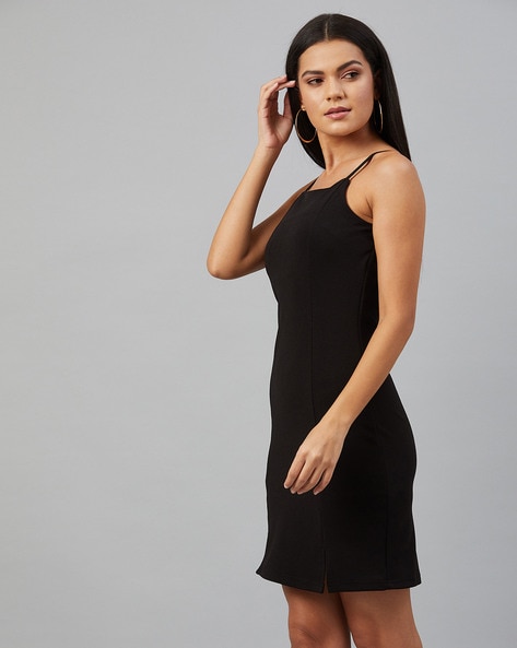 Black Square Neck Spaghetti Strap Bodycon Dress