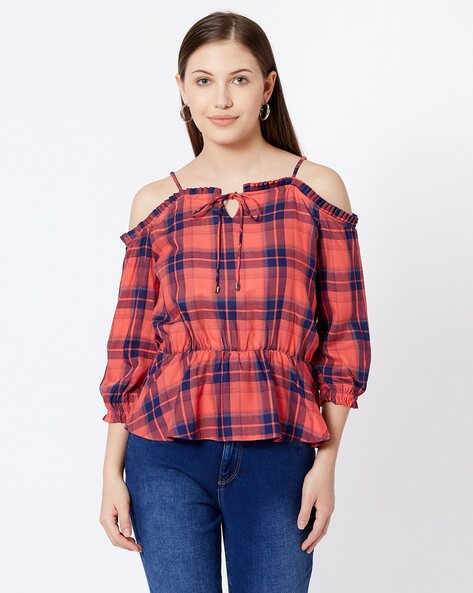 Buy Coral Orange Navy Blue Tops for Women by KRAUS Online Ajio