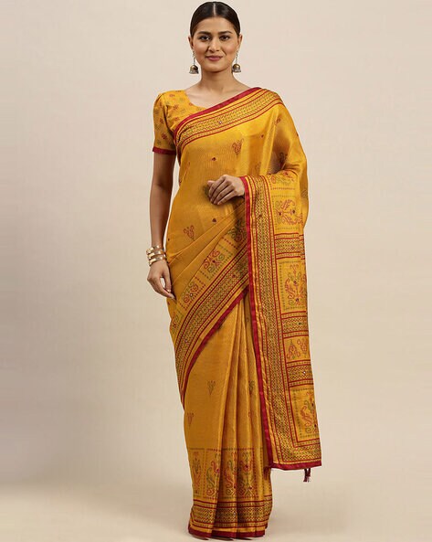 Bollywood New Indian Linen Solid Printed Saree Yellow Sari With Blouse 