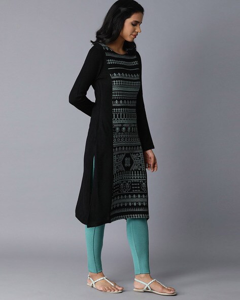Womens Straight Woven Design Black Winter Kurti