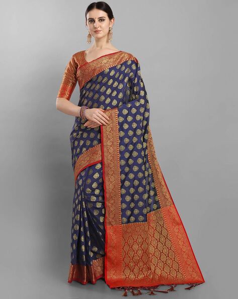 Buy Navy Blue & Red Sarees for Women by Ethnic Junction Online | Ajio.com