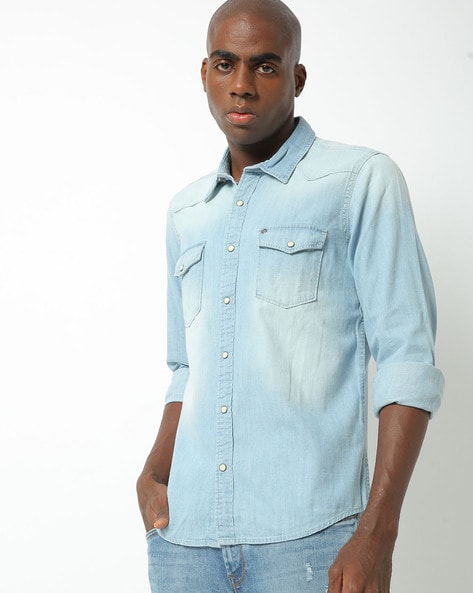 Stonewashed denim shirt with button down collar - Granqvist - Ties, shirts  and accessories