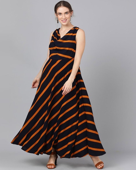 Aks Striped v-neck Gown Dress