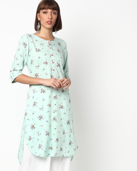 Floral Print Straight Kurta with High-Low Hemline
