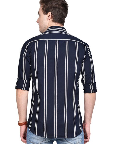 Men Navy Blue Slim Fit Striped Formal Shirt - Putra