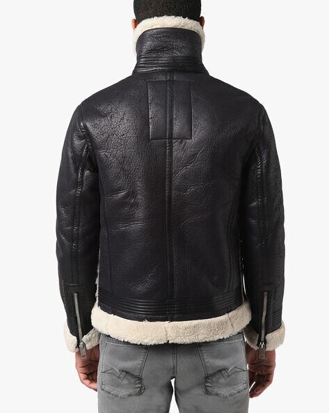 Black Shearling Leather Bomber Jacket | Buffalo Jackson