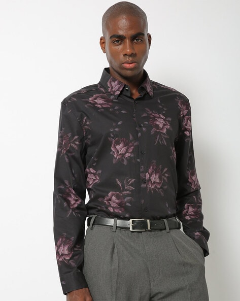 Black Floral Poplin Printed Shirt, Buy Poplin Printed Shirts for Men Online